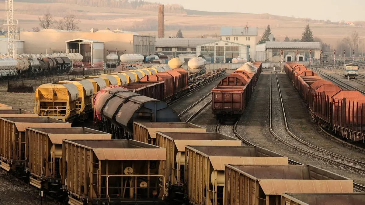 Freight rail wagons in a marshalling yard